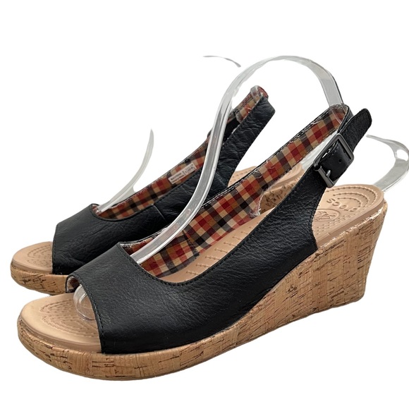 CROCS Shoes - Crocs A-Leigh Black Leather Wedge Slingback Sandals